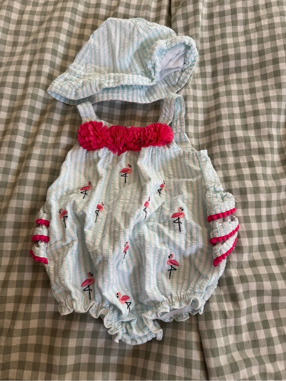 Baby Starters Blue Seersucker Flamingo Romper & Hat Set 9M